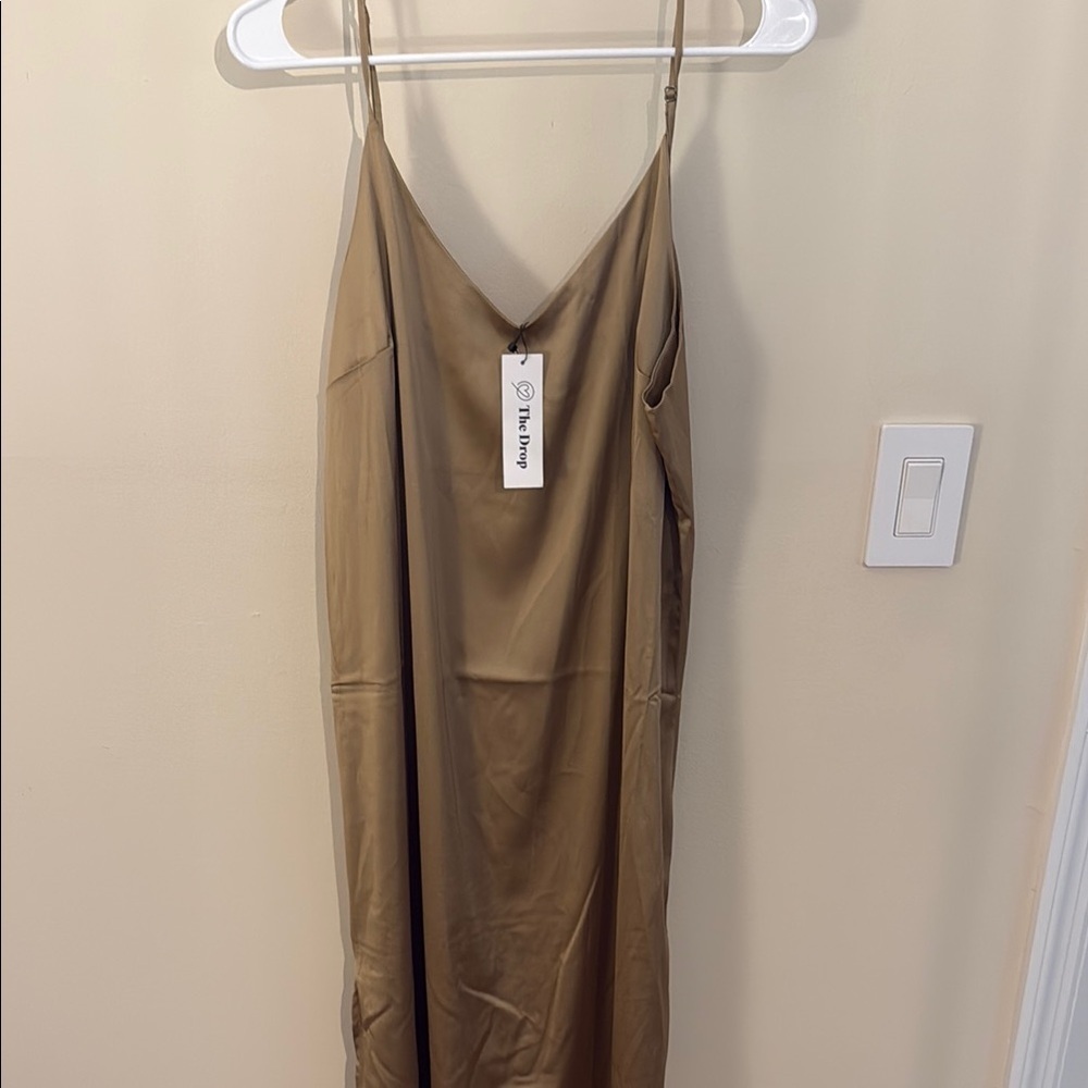 Women's Wedding Guest Tan-Brown Satin Dress NWT